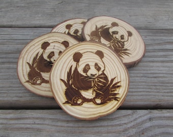 4 Laser Engraved Wood Coasters, Panda Bear Design, Rustic Animal Drink Coasters, Handmade Coaster Gift Set