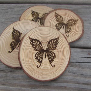 Laser Engraved Wood Coasters, Butterfly Coasters, Rustic Nature Drink Coasters, Handmade Garden Lover Gift Set