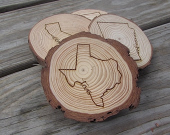 Custom State Engraved Wood Coaster, Personalized Laser Engraved Coasters, State Map Gift, Rustic Home Décor, Custom Hometown Coaster