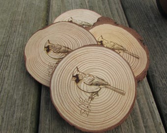Engraved Wood Coaster with Cardinal Design, Rustic Bird Drink Coaster, Bird Lover Gift, Cardinal Coaster, Bird Coaster, Engraved Coasters