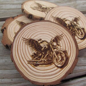Engraved Wood Coasters, Motorcycle Design, Motorcycle Coaster, Rustic Biker Drink Coasters, Handmade Gift for Motorcycle Enthusiasts