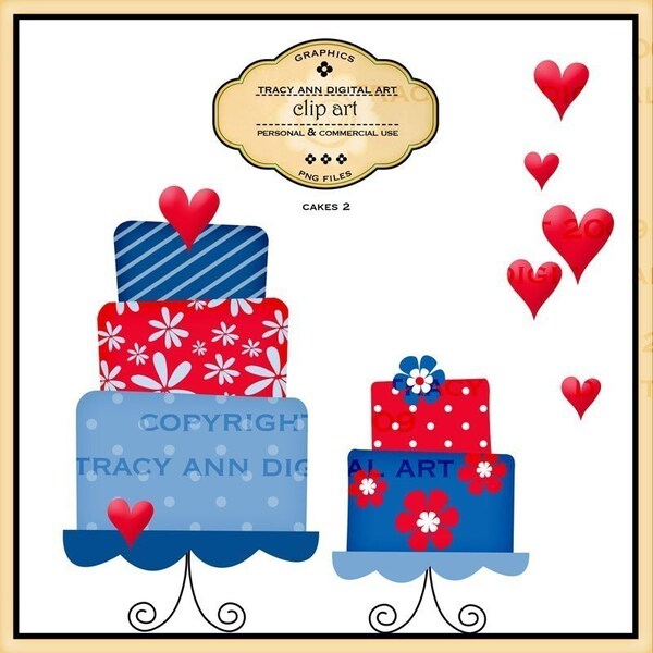 CLEARANCE SALE  Clip Art  Cakes on stands and hearts for commercial and personal use.