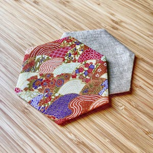 Hexagonal Coaster Set of 2 | Japanese Wagara Cotton Fabric | Seigaiha Wave & Floral Print | Reversible Red × Brown | Handmade in Japan