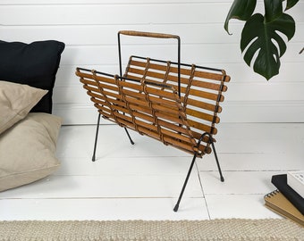 Tidningsställ för mitten av århundradet, tidningsställ, bambu, rotting, svart, vintage, vardagsrum, sovrum, tidningsställ, dansk design, skandinavisk