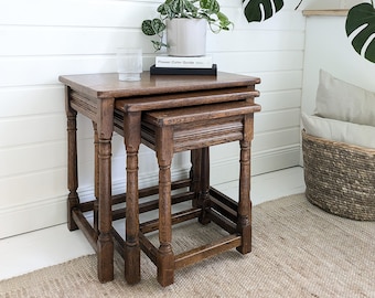 3er Set Satztische Vollholz gedrechselt Beistelltisch Vintage Landhaus Rustikal Mid Century Massivholz Blumenhocker Nesting Tables Eiche