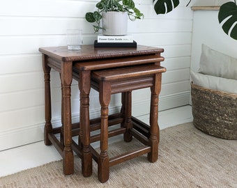 Set of 3 Nesting Tables Solid Wood Turned Legs Vintage Farmhouse Rustic Mid Century Plant Stand Side Table Stacking Space Saving Dark Wood