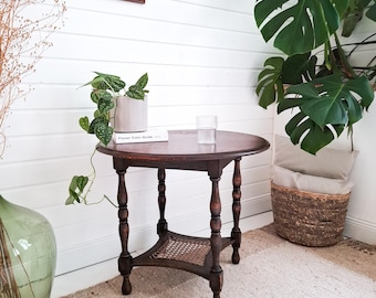 Vintage Side Table Round Turned Wood Cane Shelf Rattan Art Nouveau Edwardian Dark Wood Plant Stand Nightstand Accent Table Living Room