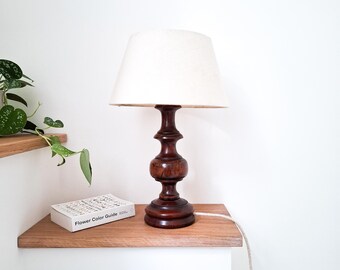 Vintage Table Lamp Turned Wood Base Solid Wood Mid Century Bedside Lamp Bedroom Desk Lamp Retro Lighting Dark Brown Beige Table Light