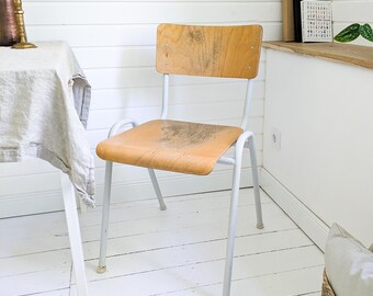 Vintage Chair Wood Metal White Frame School Chair Mid Century Dining Chair Kitchen Chair Scandinavian Industrial Patina 1960s Retro Loft