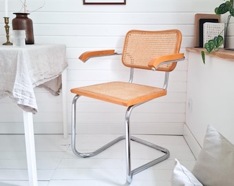 Vintage Cantilever Chair Cesca Style Marcel Breuer Wicker Rattan Chrome Armchair Mid Century Retro S64 S 64 Made in Italy Dining Chair