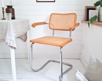 Vintage cantilever chair, Cesca style, Marcel Breuer armrests, Viennese cane webbing, chrome metal frame, mid-century retro, S64, beech, Italy