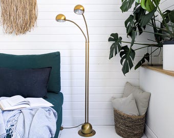 May include: A tall brass floor lamp with two gold-coloured lampshades. The lamp has a round base and a slender stem. The background features a green sofa, a woven wall hanging, and a large potted plant, creating a comfortable living area.