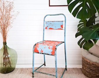 Vintage Metal Chair Blue Orange Patina Industrial Mid Century Java Indonesia Dining Chair Kitchen Chair Bistro Chair Retro Cast Iron