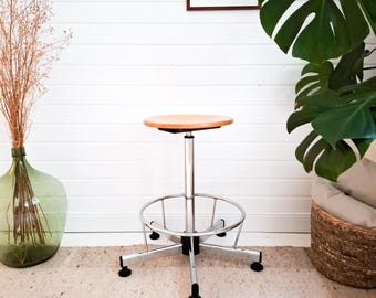 Vintage architect's stool, office stool, desk stool, mid-century wooden chair, metal swivel stool, height adjustable, chrome, industrial style