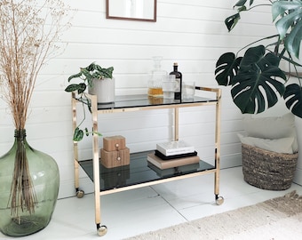 Mid Century Bar Cart Brass Smoked Glass Vintage Hollywood Regency Serving Trolley Tea Cart Side Table Retro 70s Wheels Gold Glass Shelf