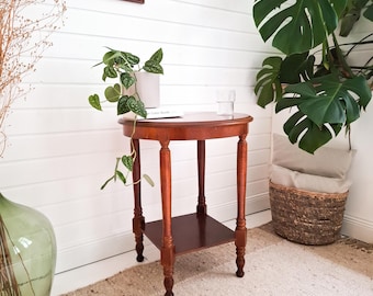 Vintage Side Table Inlay Wood turned Art Nouveau graphic Plant Stand Nightstand Flower Table round two shelves wooden accent table
