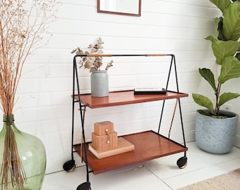 Bar Cart Teak Folding Brass Wheels Mid Century Serving Trolley Tea Cart Vintage Danish Design 60s Side Table Drinks Trolley Retro Bar Cart