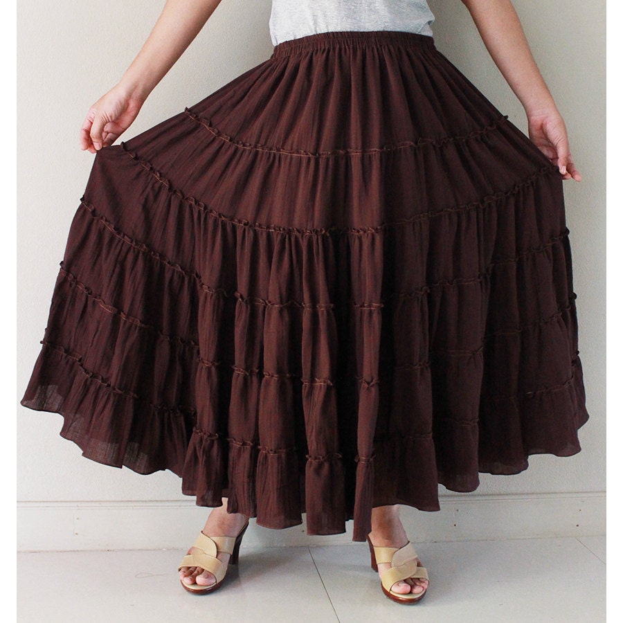 Brown Cotton long Elastic Waist Ruffle women skirts Aline Etsy