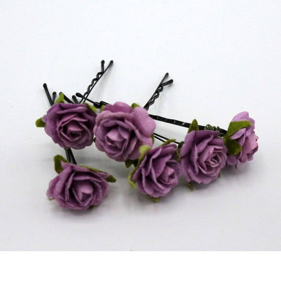 Small Roses Set of 6 Purple Mulberry Paper Flower Hair Pins | Etsy