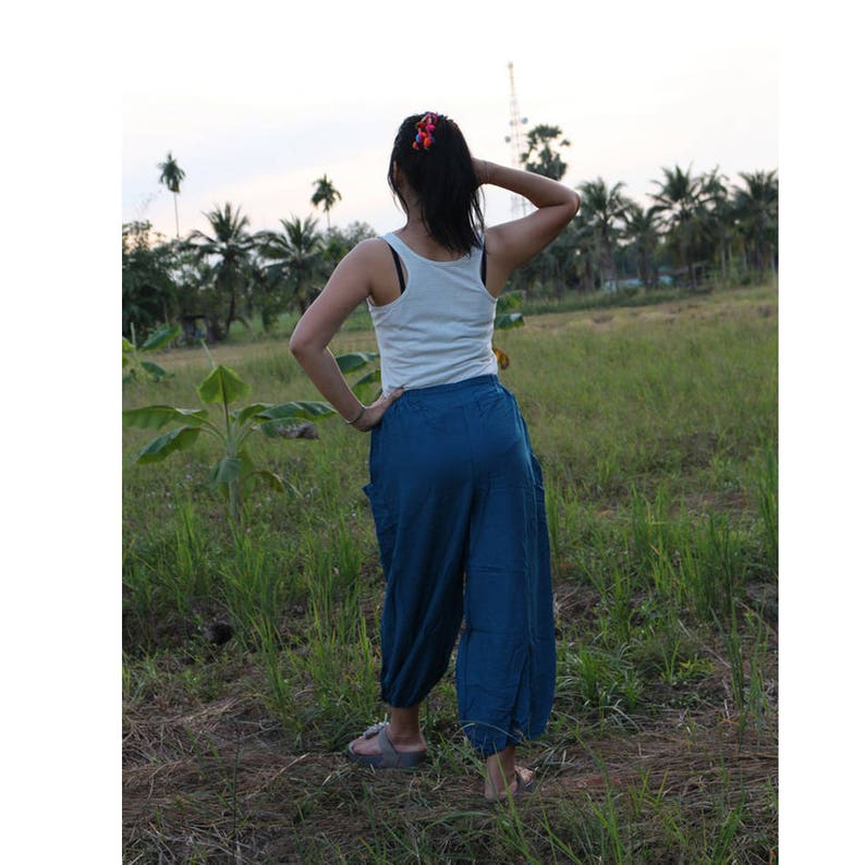 AP04 Boho Hippie Dark Blue Rayon Elastic Waist Long Aladdin Summer pants