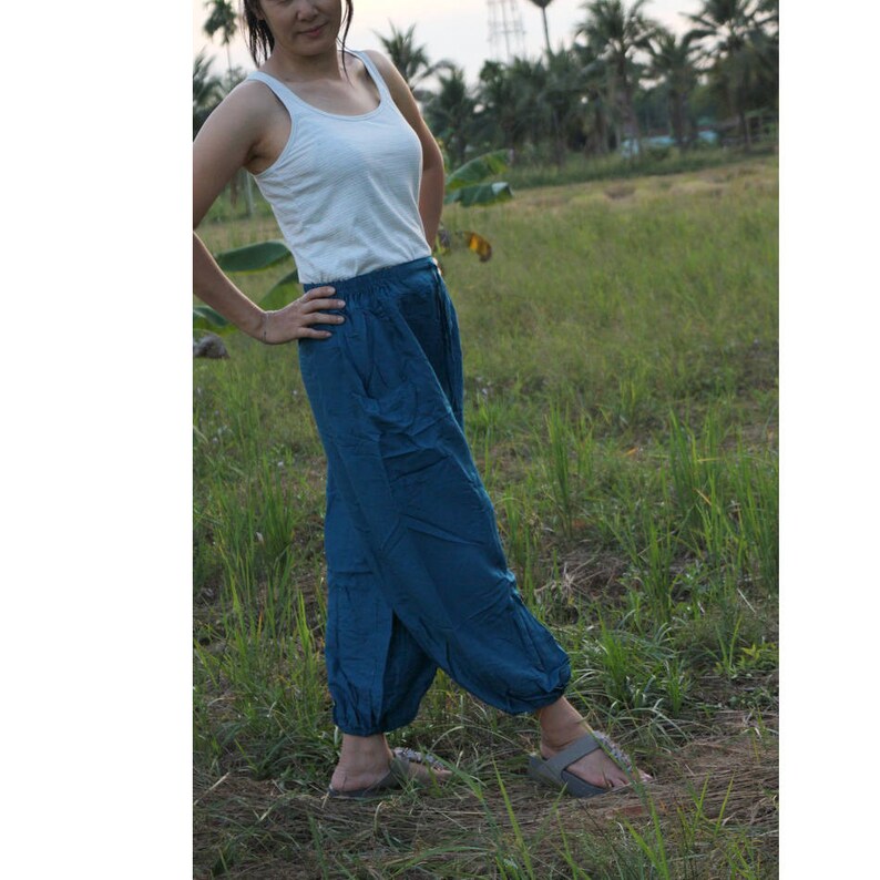 AP04 Boho Hippie Dark Blue Rayon Elastic Waist Long Aladdin Summer pants