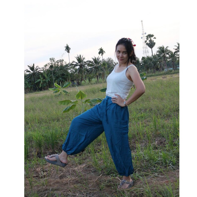 AP04 Boho Hippie Dark Blue Rayon Elastic Waist Long Aladdin Summer pants