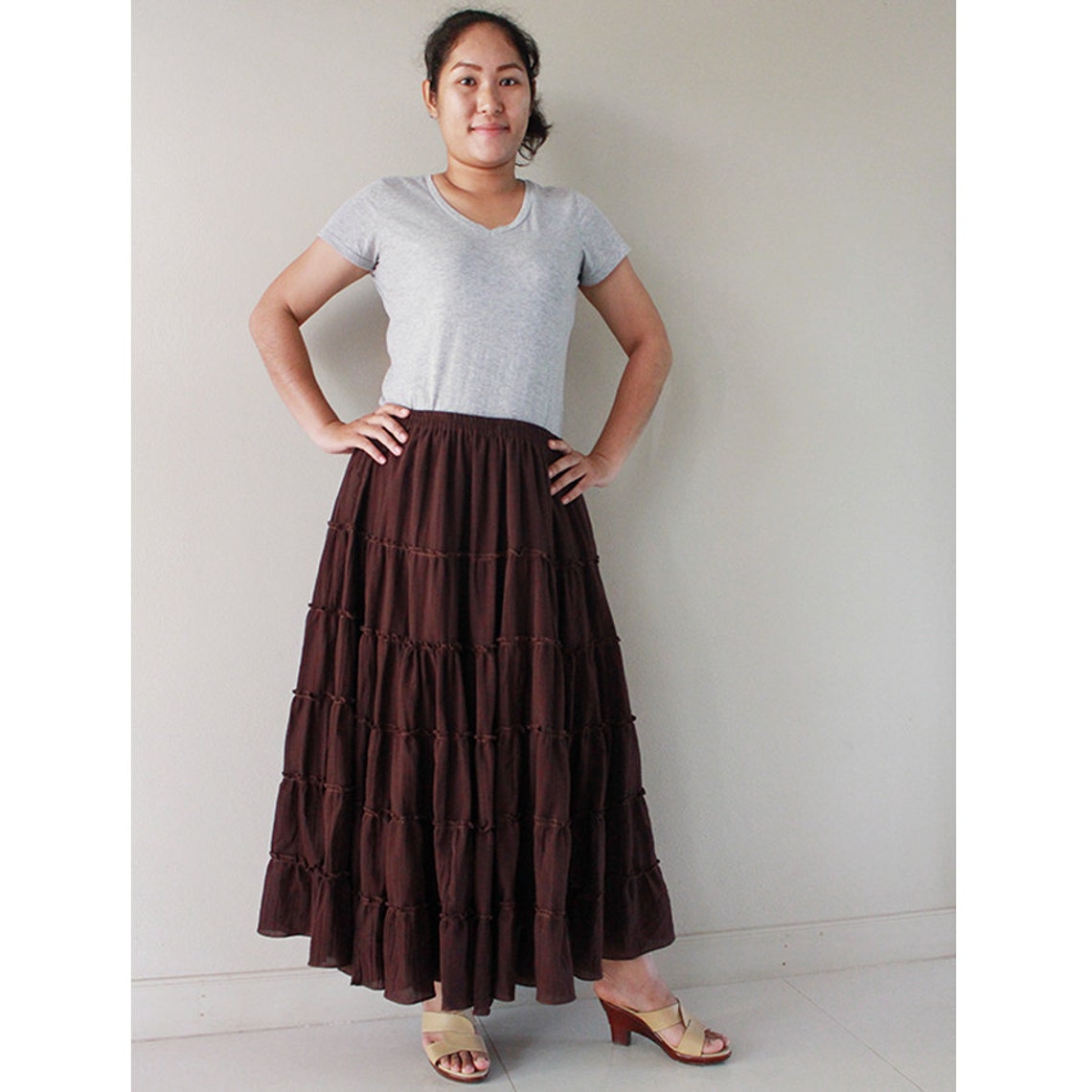 Brown Cotton long Elastic Waist Ruffle women skirts A-line | Etsy