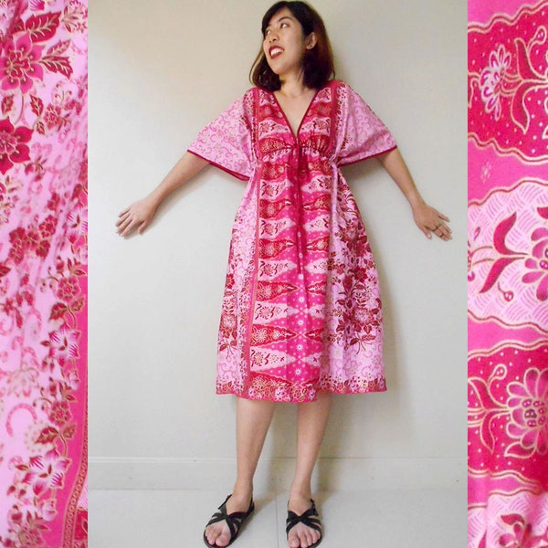 Two Tone Pink Flower Thai Batik Cotton Short Kimono Summer Dress S-L (BT 16)