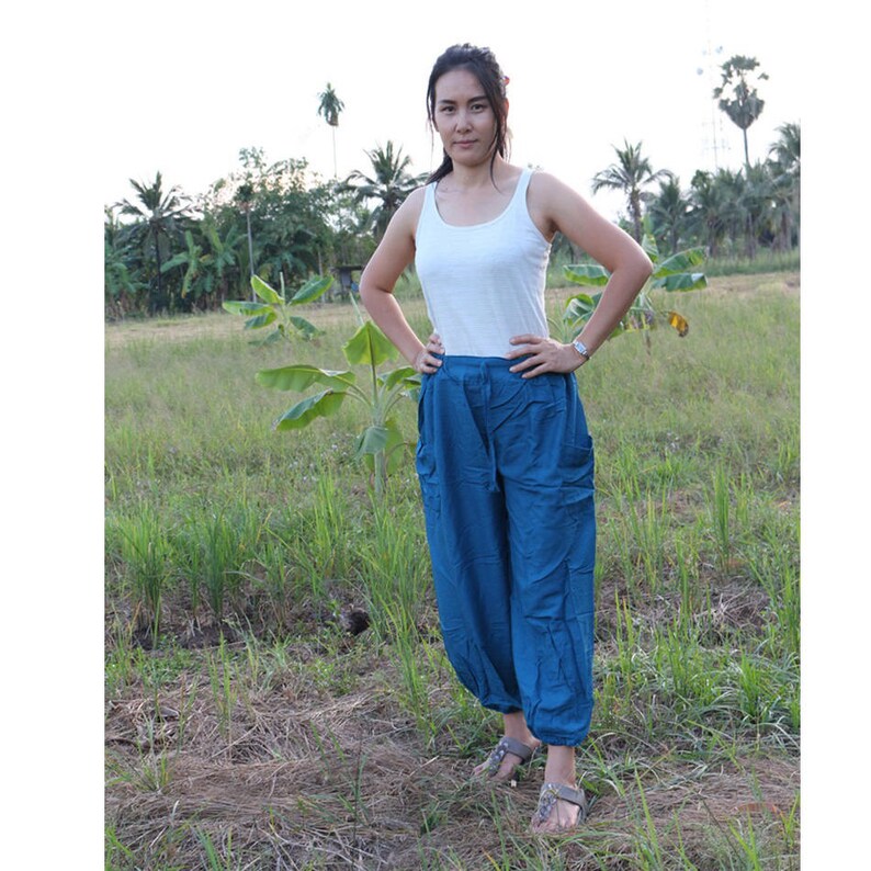 AP04 Boho Hippie Dark Blue Rayon Elastic Waist Long Aladdin Summer pants