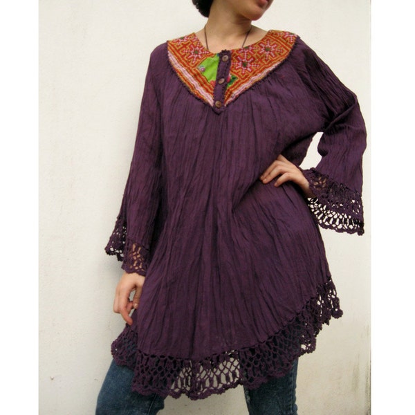 Sale 25 % off  Boho Hippie Hand dye cotton Hmong embroidery patchwork blouse S-XL (I)