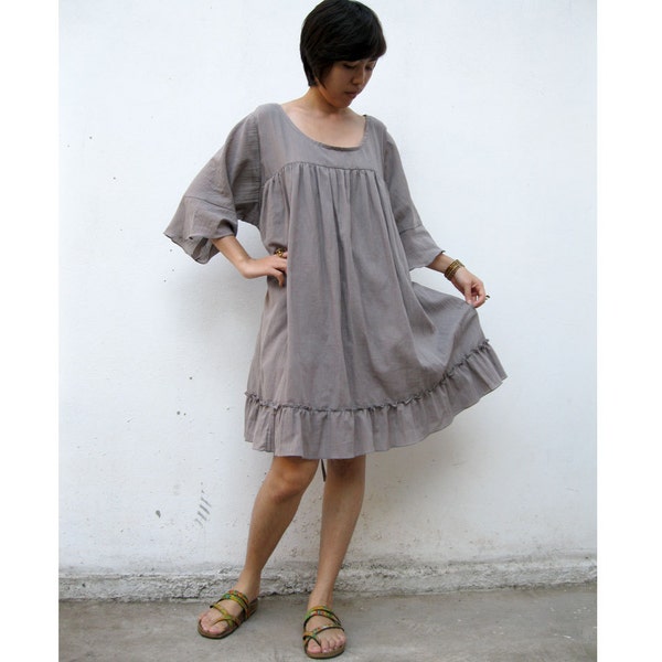 Custom Made Gray Cotton  Loose Boho Simply Short Tunic Women  Dress  One fit all most  S-L (H)