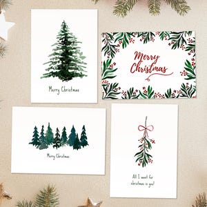Set di 4 cartoline di Natale comprese buste - design minimalista con motivi ad acquerello dipinti a mano