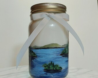 Jar Candle 14 oz. hand painted unscented Lake Life