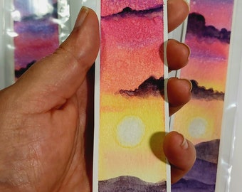 Original Watercolor painting Sunset over the Hills bookmark