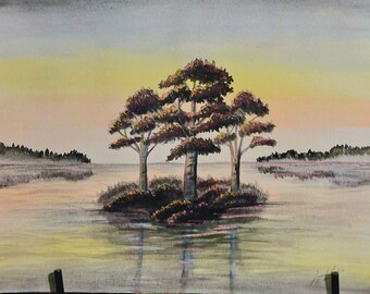 Original Watercolor Three Tree Island