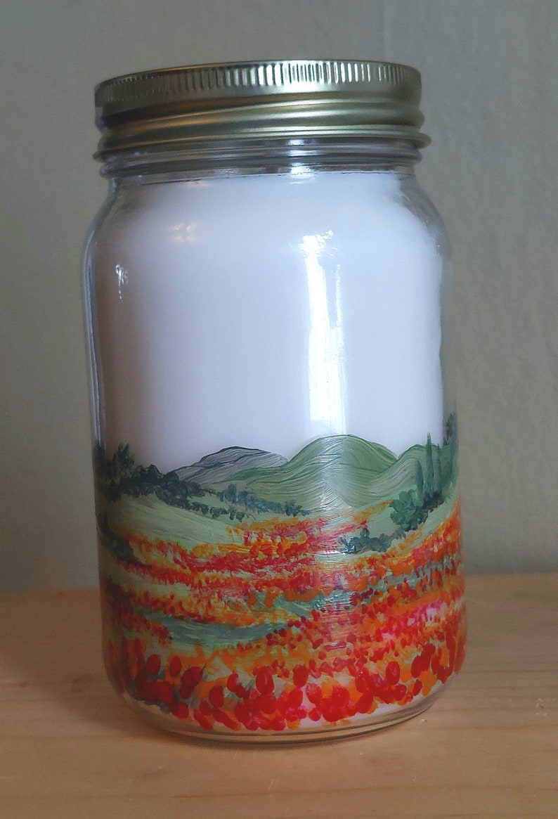 Jar Candle 14 oz. hand painted unscented Field Poppies image 3