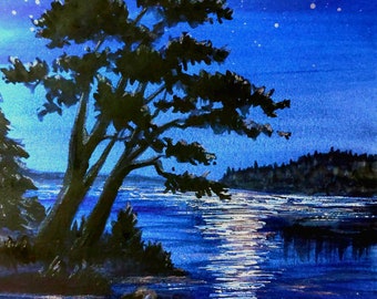 Original Watercolor Night on the Lake