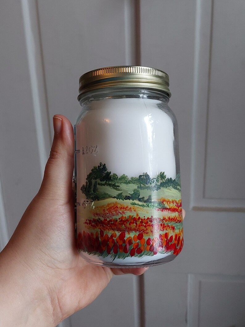 Jar Candle 14 oz. hand painted unscented Field Poppies image 5