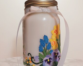 Jar Candle 14 oz. hand painted unscented Spring Blooms