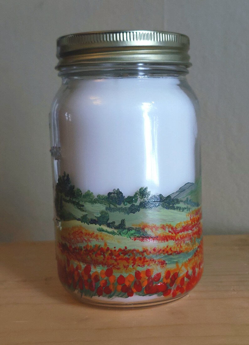 Jar Candle 14 oz. hand painted unscented Field Poppies image 2