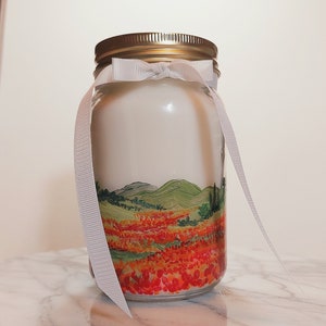 Jar Candle 14 oz. hand painted unscented Field Poppies image 1