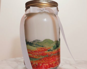 Jar Candle 14 oz. hand painted unscented Field Poppies