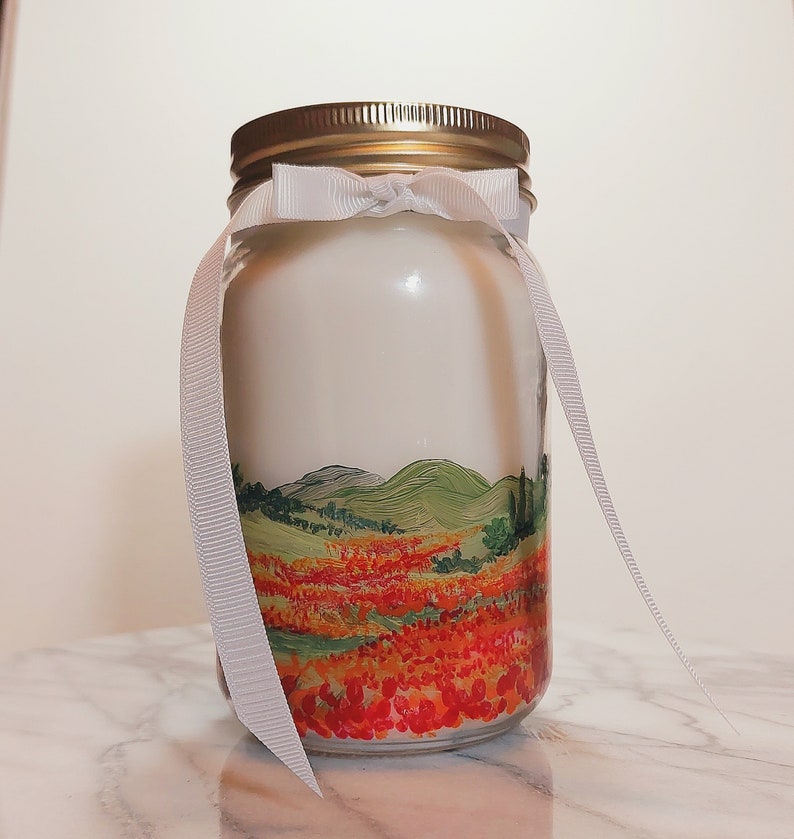 Jar Candle 14 oz. hand painted unscented Field Poppies image 1