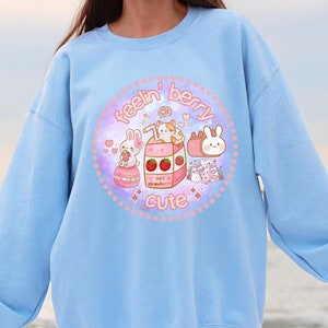 Strawberry Sweatshirt, Foodie Gift, Japanese Strawberry Milk Tee, Anime, Cute Kawaii Clothing, Pastel Sweatshirt, Fruit Lover Shirt, Trendy