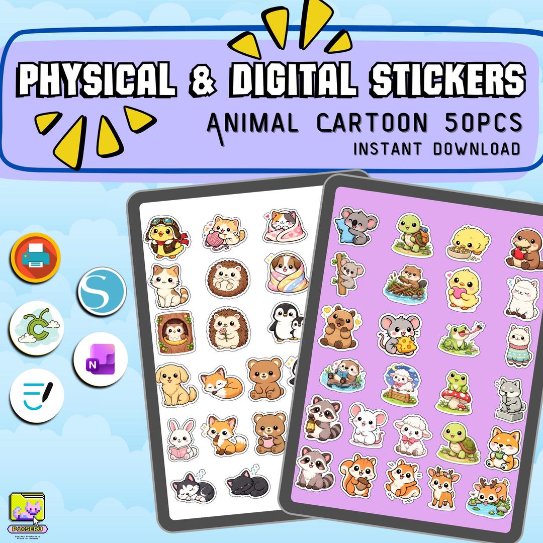 Cute Onenote Cute Animal Cartoon Printable & Digital Stickers 50 Pcs, PNG, JPG ...
