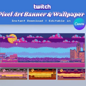 Pixel City Gaming Custom Twitch Banner, High Resolution, Aesthetic Digital Wallpaper, Trendy Custom Banner, Twitch Package, Digital Download