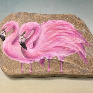 Pair of Pink Flamingos Painted Rock Gift Paperweight Painting image 1