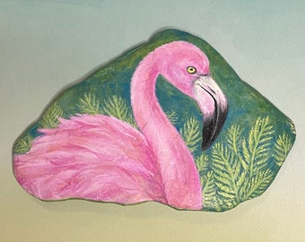 Pink Flamingo  Painted Rock Gift Paperweight Painting