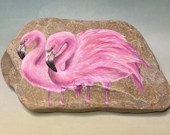 Pair of Pink Flamingos  Painted Rock Gift Paperweight Painting