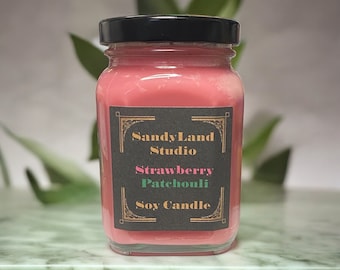 Strawberry Patchouli Scented Soy Candle Square Victorian Jar Rustic Farmhouse Home Decor Fragrance
